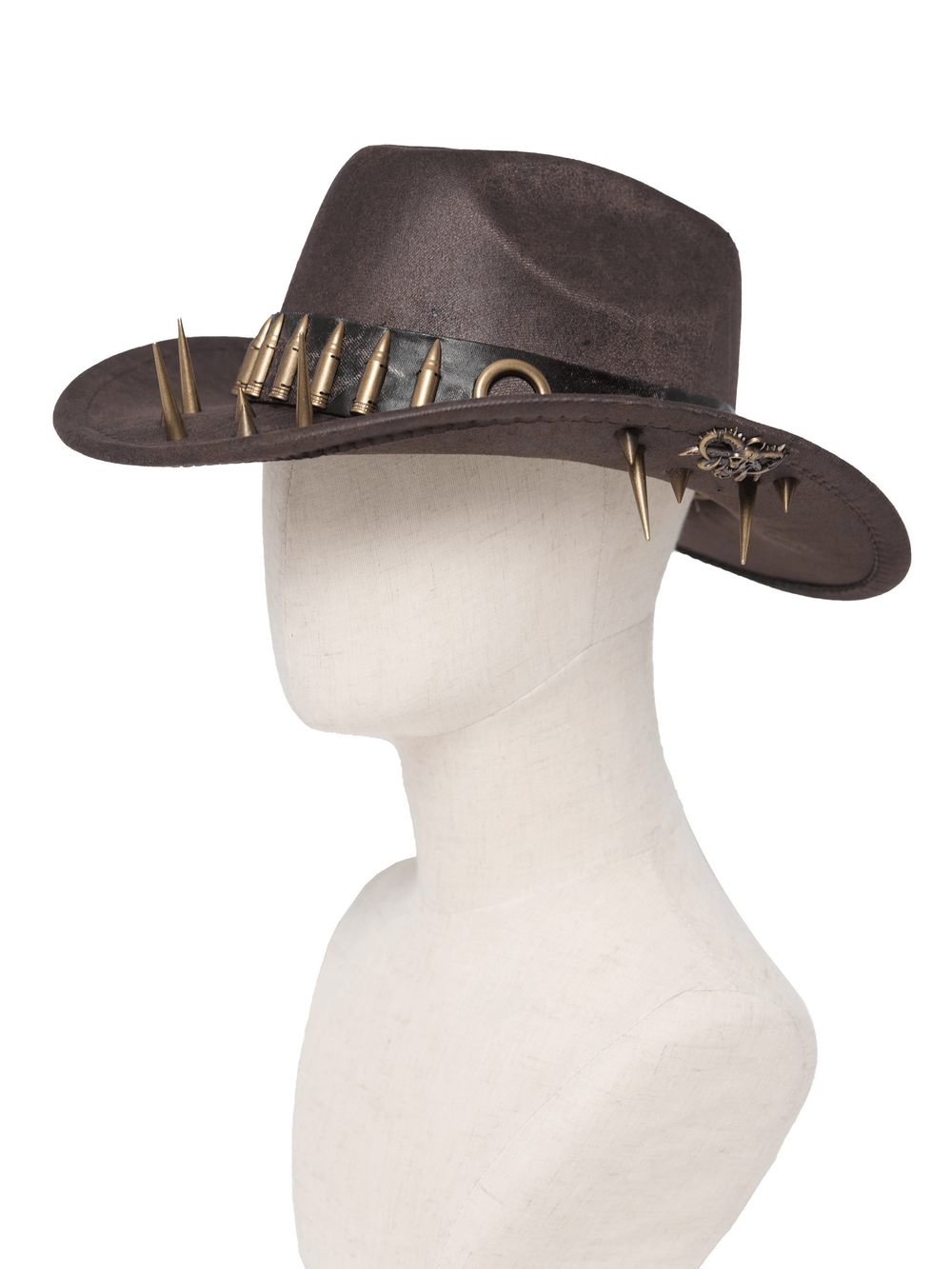 Brown Gothic Cowboy Hat with Metal Bullets and Spikes showcased on a mannequin, featuring spikes and bullet accents.