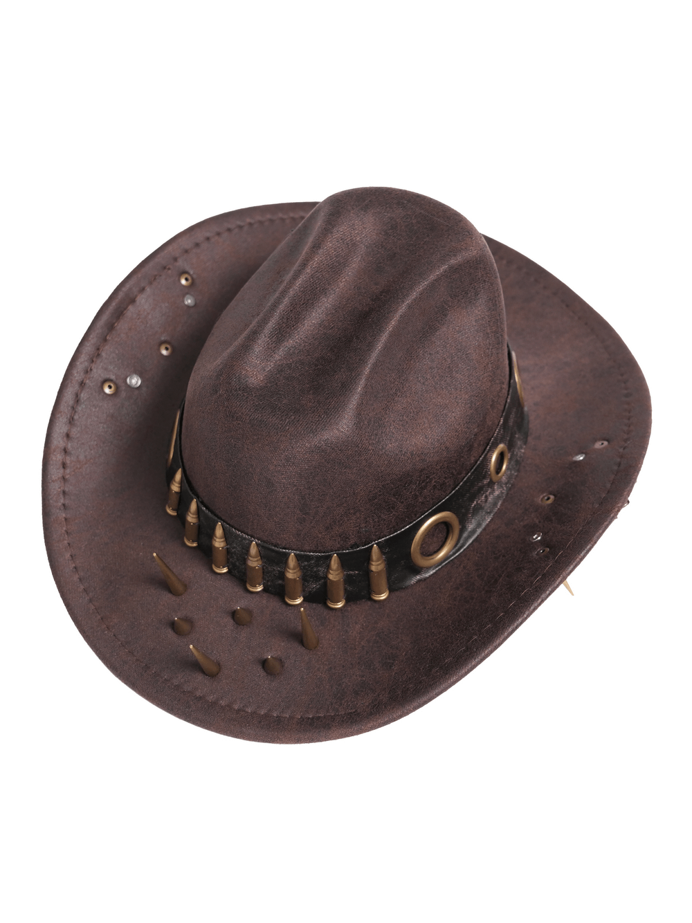 Brown Gothic Cowboy Hat with Metal Bullets and Spikes featuring metal accents and a rugged leather finish.