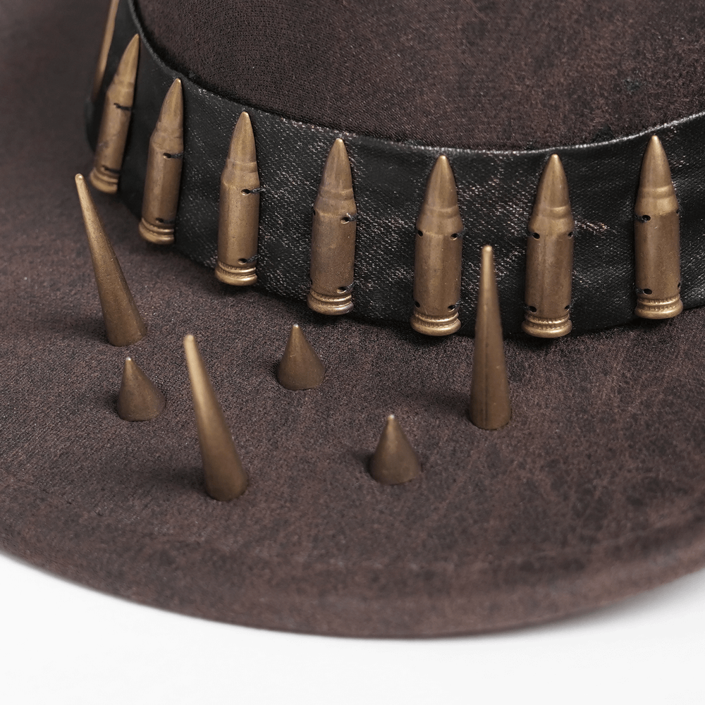 Close-up of Brown Gothic Cowboy Hat with Metal Bullets and Spikes showing textured faux leather and sharp spikes.