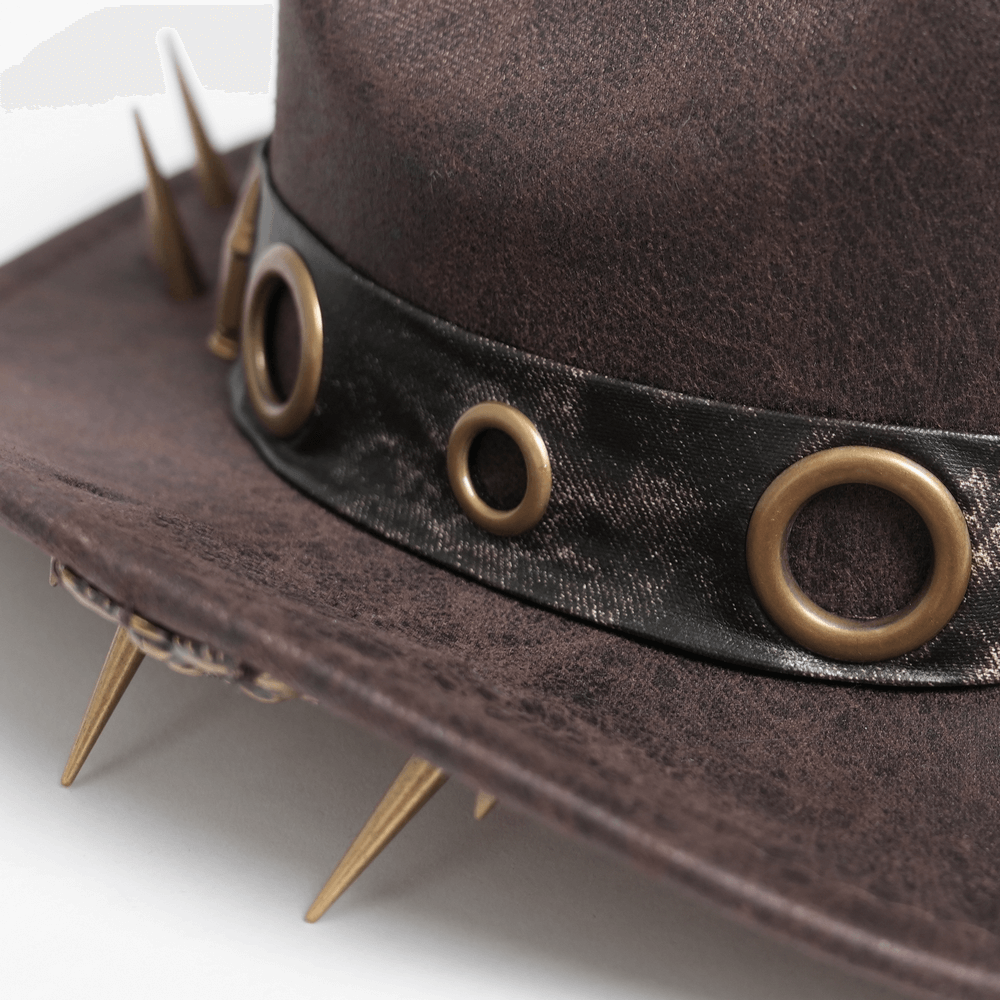 Brown Gothic Cowboy Hat with Metal Bullets and Spikes featuring spikes and metal accents.