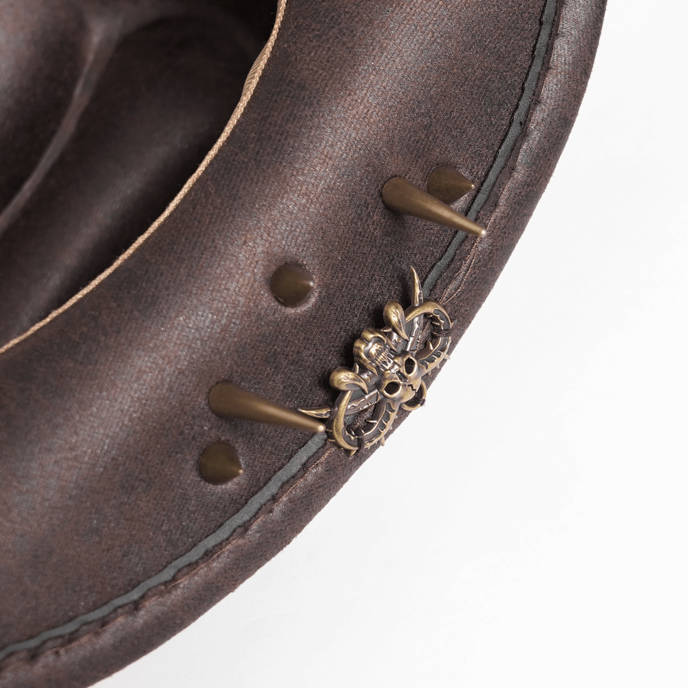 Brown Gothic Cowboy Hat with Metal Bullets and Spikes close-up showing spikes and Gothic hardware detail.