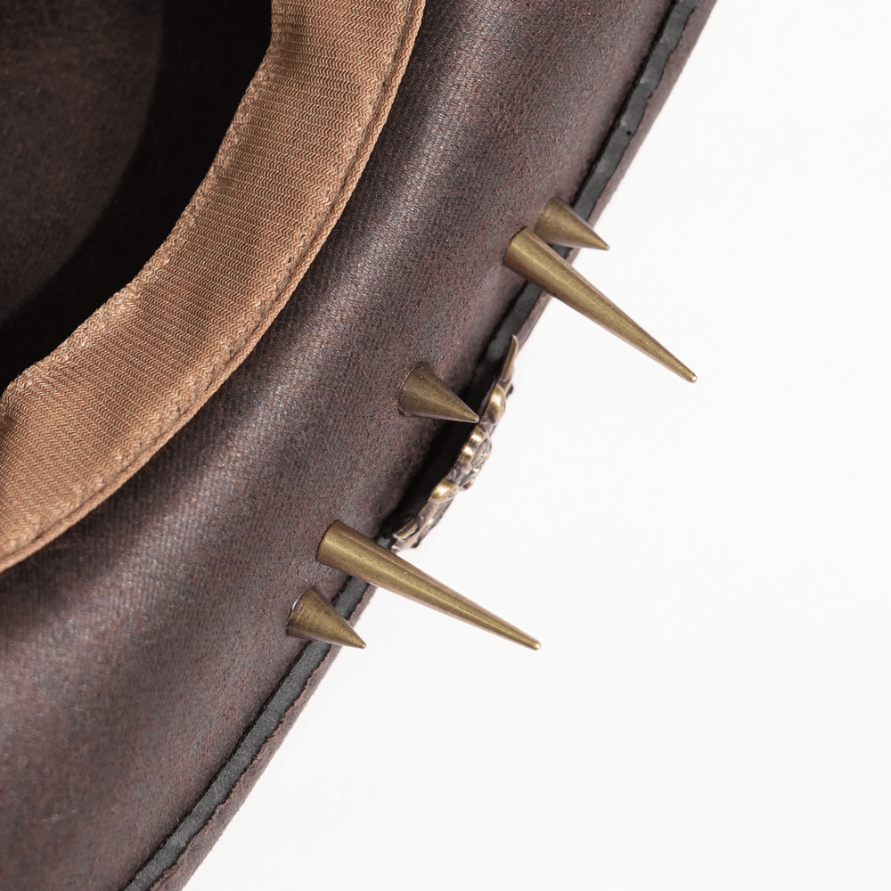 Brown Gothic Cowboy Hat with Metal Bullets and Spikes showing metal spikes and textured faux leather interior.