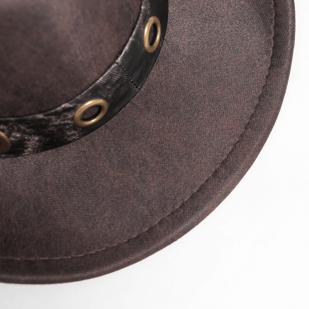 Brown Gothic Cowboy Hat with Metal Bullets and Spikes top view showing textured fabric and metal accents