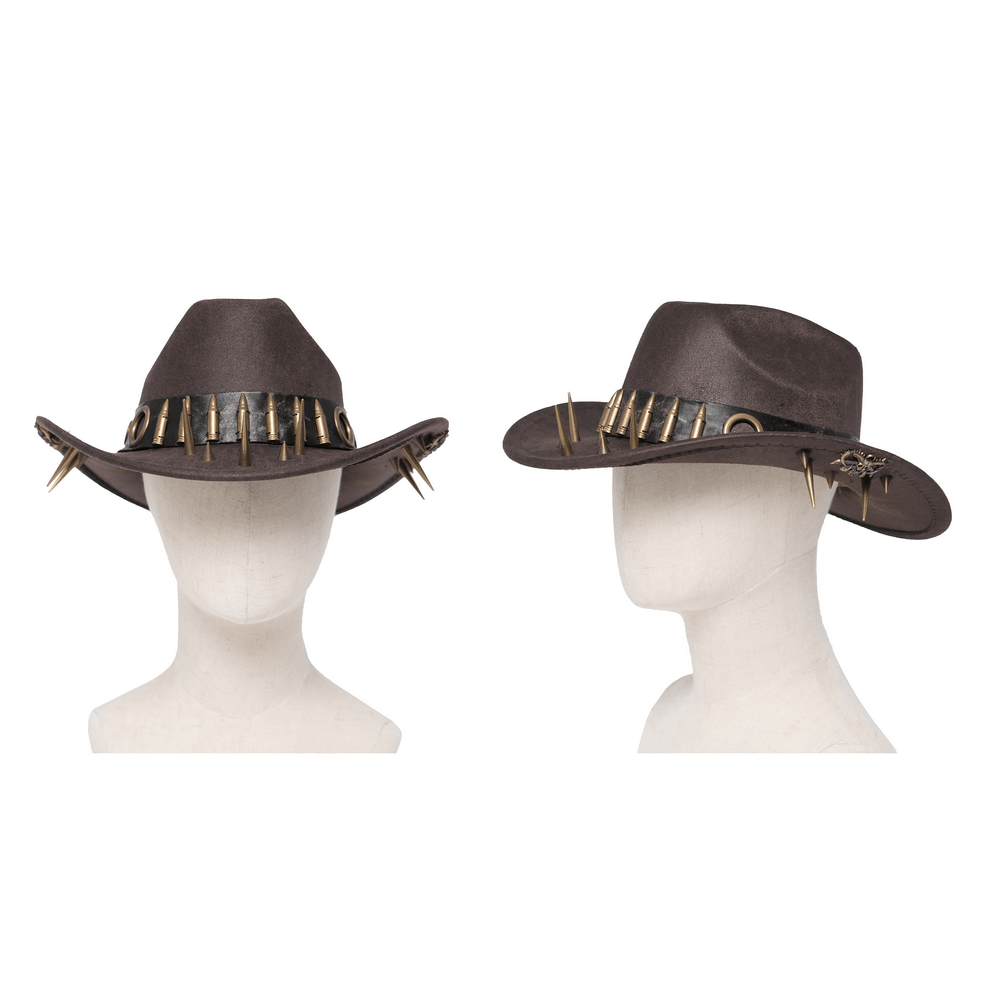Brown Gothic Cowboy Hat with Resin Bullets and Studs displayed on a mannequin from multiple angles.