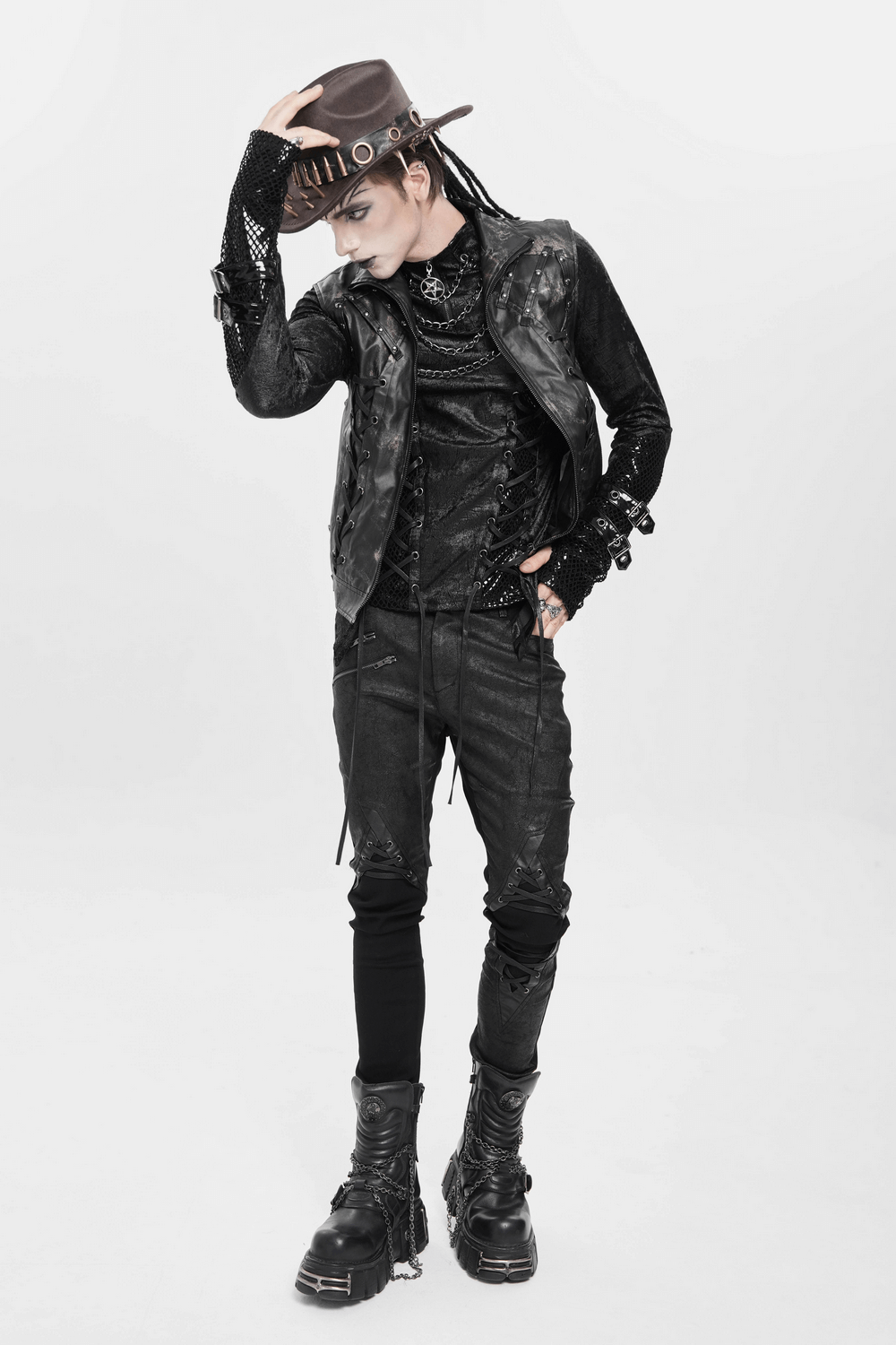 Brown Gothic Cowboy Hat with Resin Bullets and Studs worn by a model in a stylish gothic outfit.