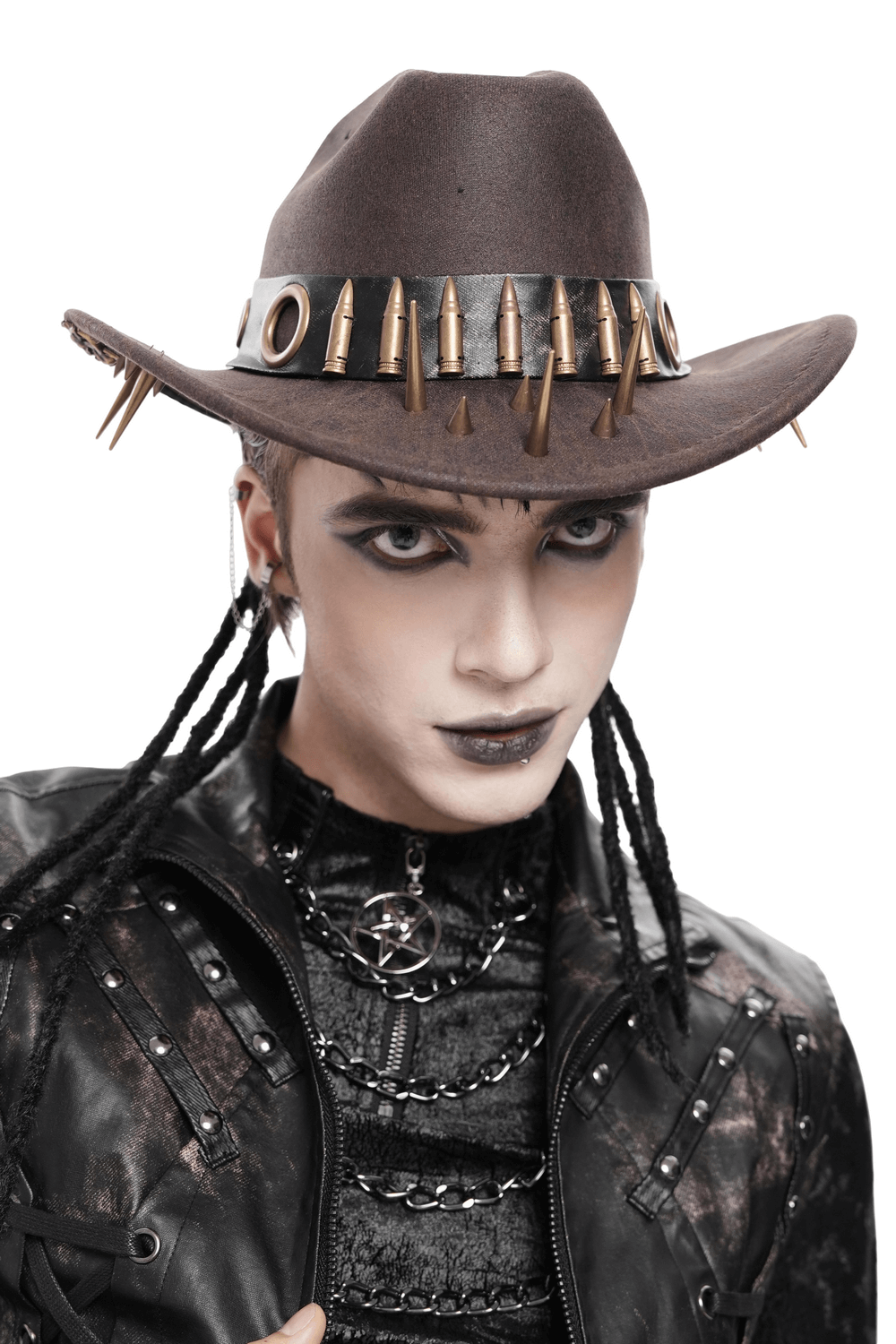 Brown Gothic Cowboy Hat with Resin Bullets and Studs worn by a person with a rugged punk style.