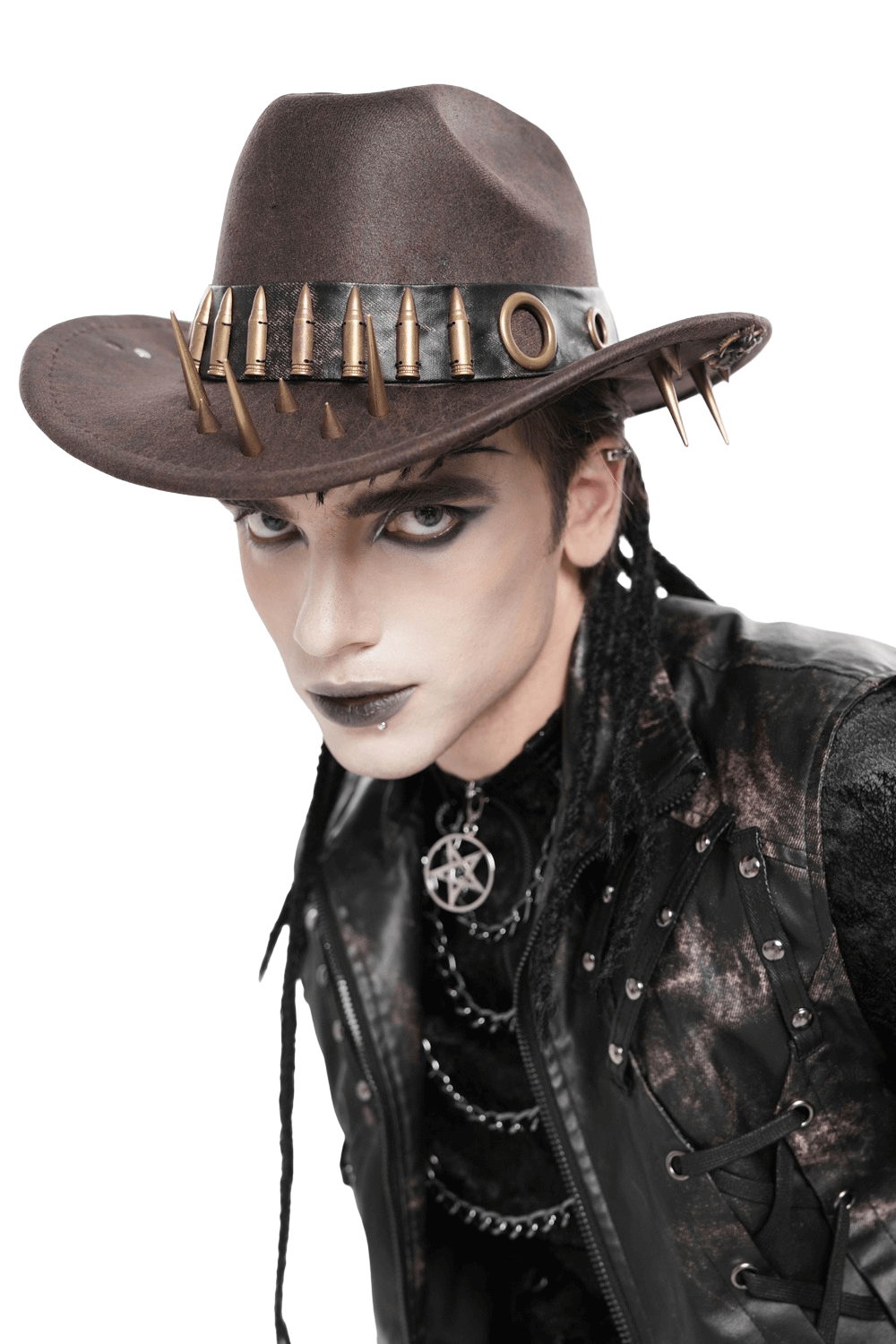 Brown Gothic Cowboy Hat with Resin Bullets and Studs worn by a model showcasing punk style.