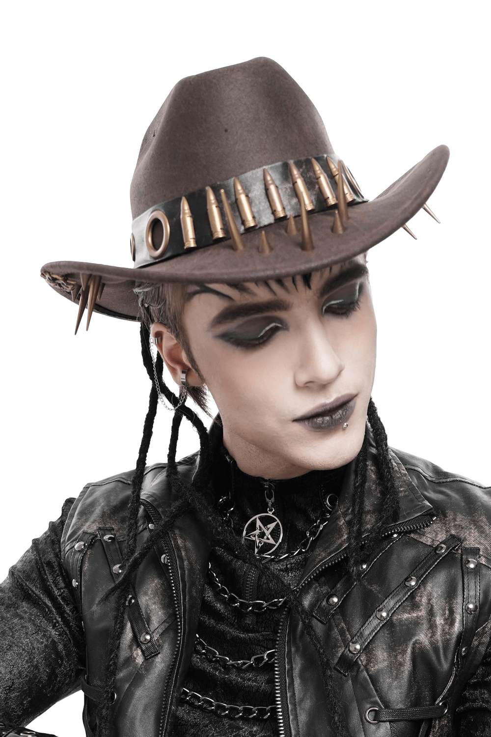 Brown Gothic Cowboy Hat with Resin Bullets and Studs worn by a model with edgy makeup and accessories.