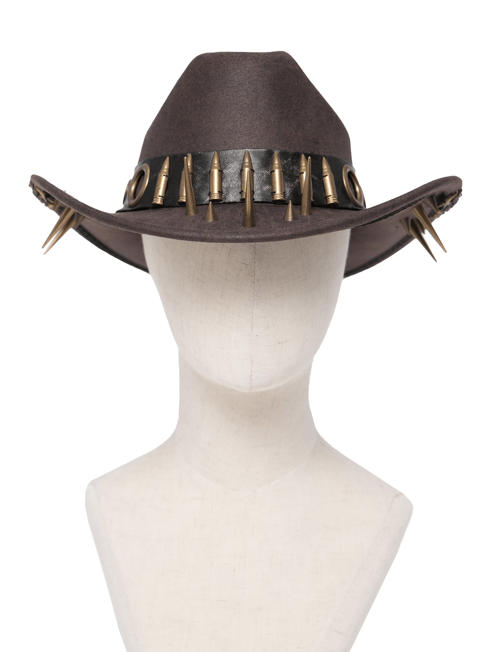 Brown Gothic Cowboy Hat with Resin Bullets and Studs featuring spikes and a textured brim.