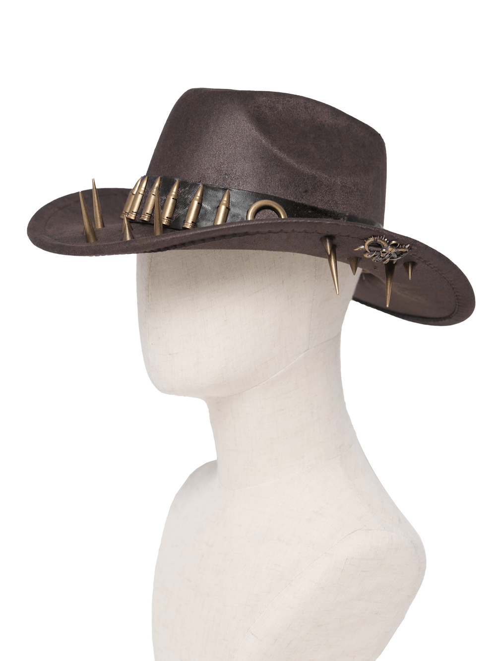 Brown Gothic Cowboy Hat with Resin Bullets and Studs displayed on a mannequin side view.