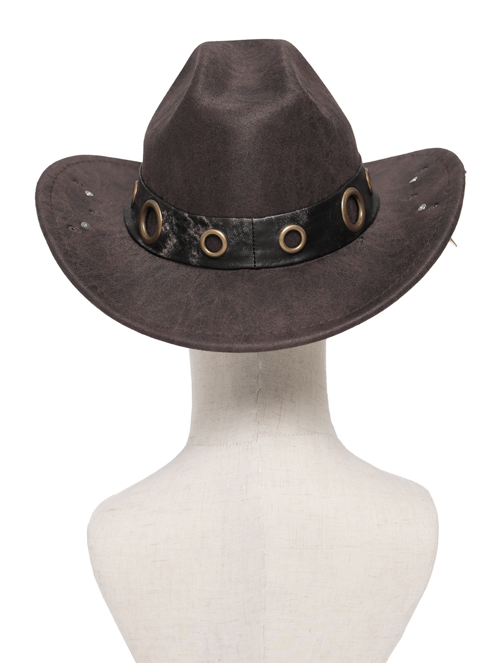Brown Gothic Cowboy Hat with Resin Bullets and Studs showcasing its unique spiked band and faux leather texture.