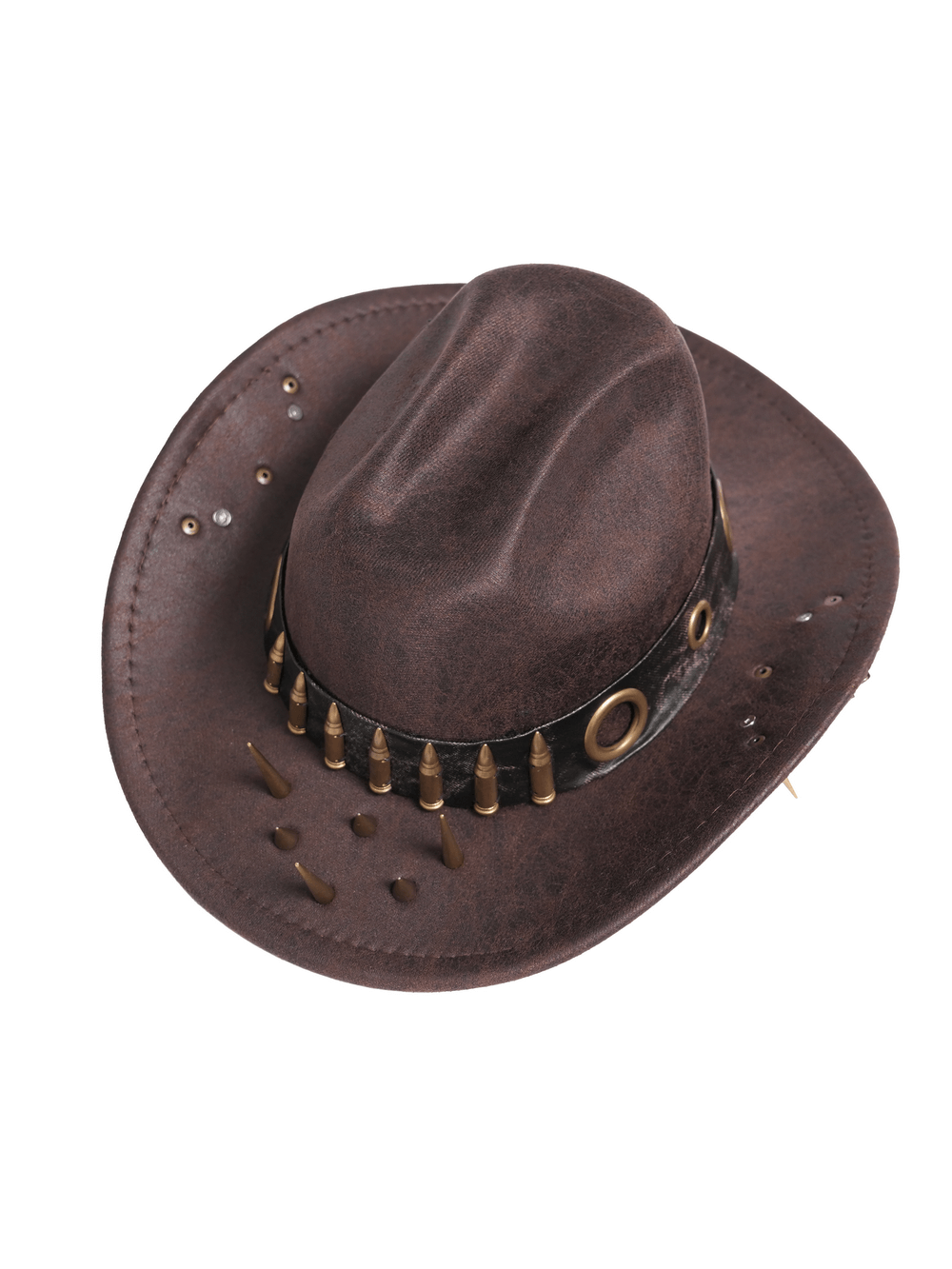 Brown Gothic Cowboy Hat with Resin Bullets and Studs - Steampunk Western style with spikes and bullet details.