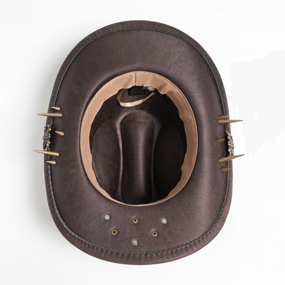 Brown Gothic Cowboy Hat with Resin Bullets and Studs - showing the interior with stylish spikes and curved design.