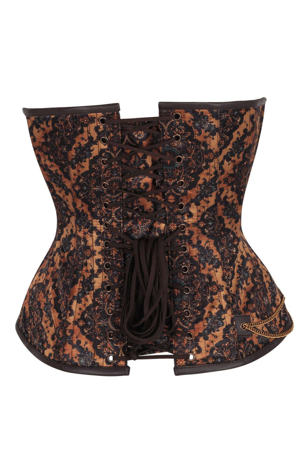 Alt Tag: Brown Overbust Corset with Ornate Floral Scrollwork brown steampunk corset, black floral scroll print, back lace-up cinching