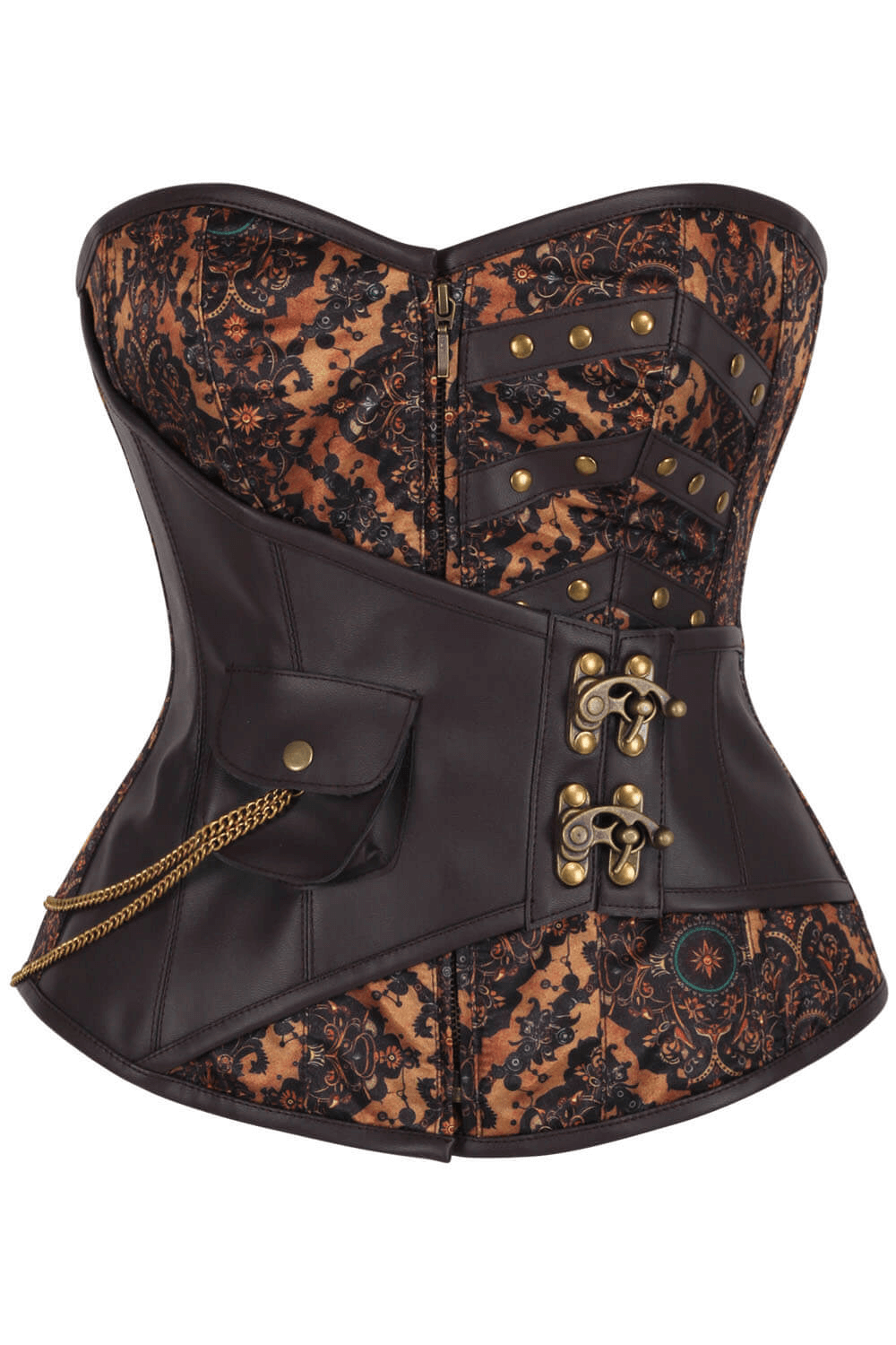 Alt Tag: Brown Overbust Corset with Ornate Floral Scrollwork steampunk corset, black-brown brocade, front zipper, straps, chain pouch