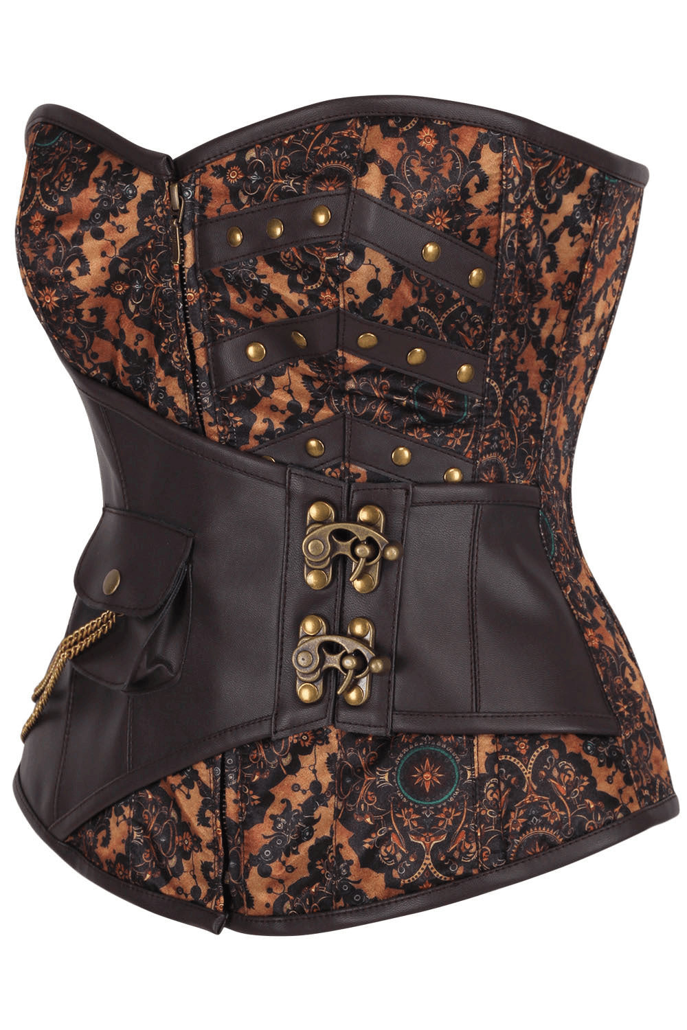 Brown Overbust Corset with Ornate Floral Scrollwork steampunk gothic brown-black overbust corset with steel boning, zipper, lace-up back