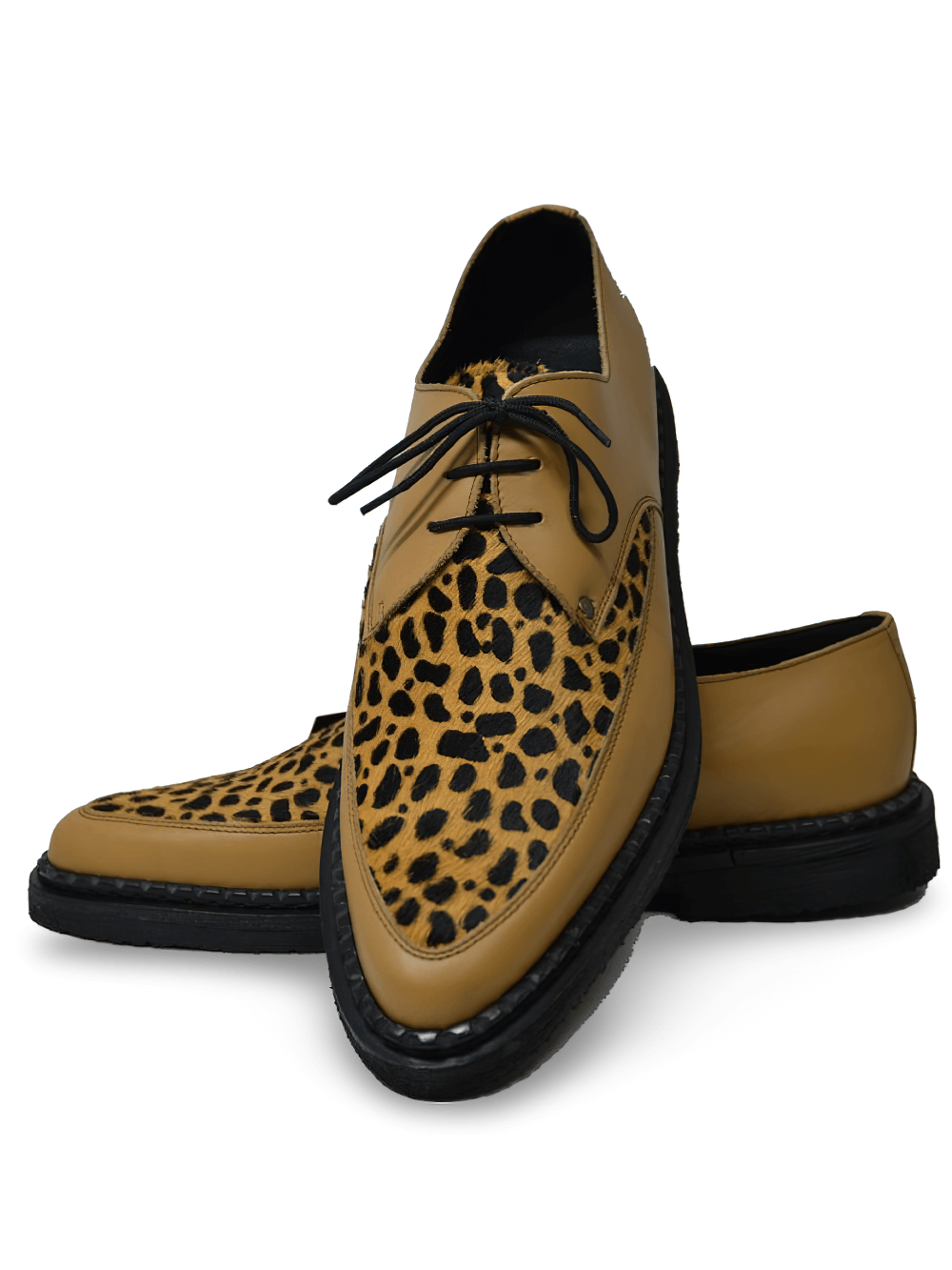Brown Pointed Creeper Shoes with Bovine Fur and Lace-Up
