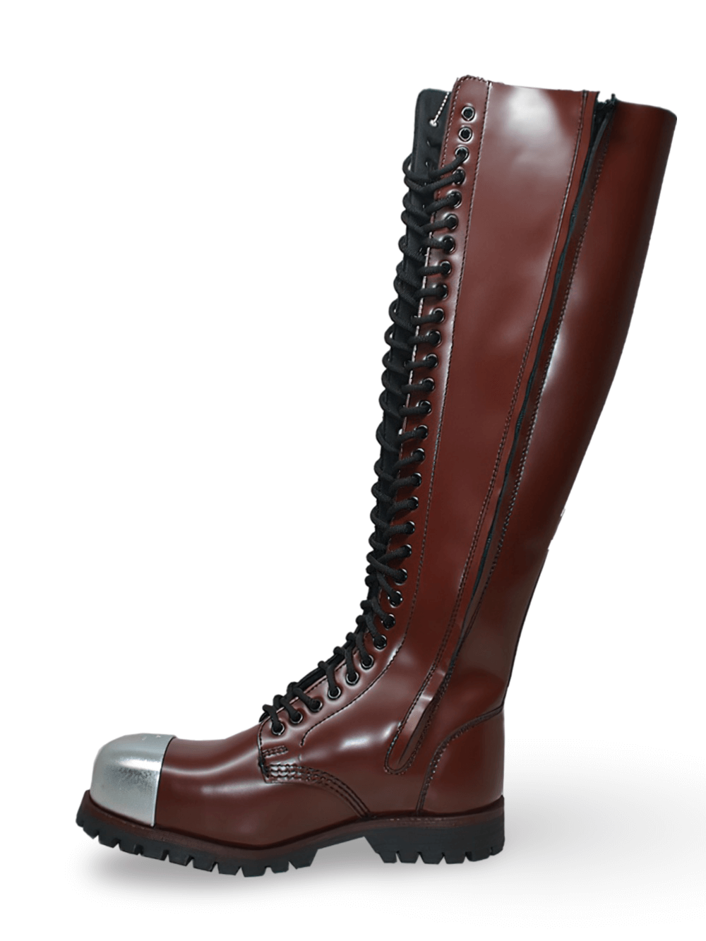 Brown-Red 30 Eyelet Steel Toe Knee High Boots with Zipper