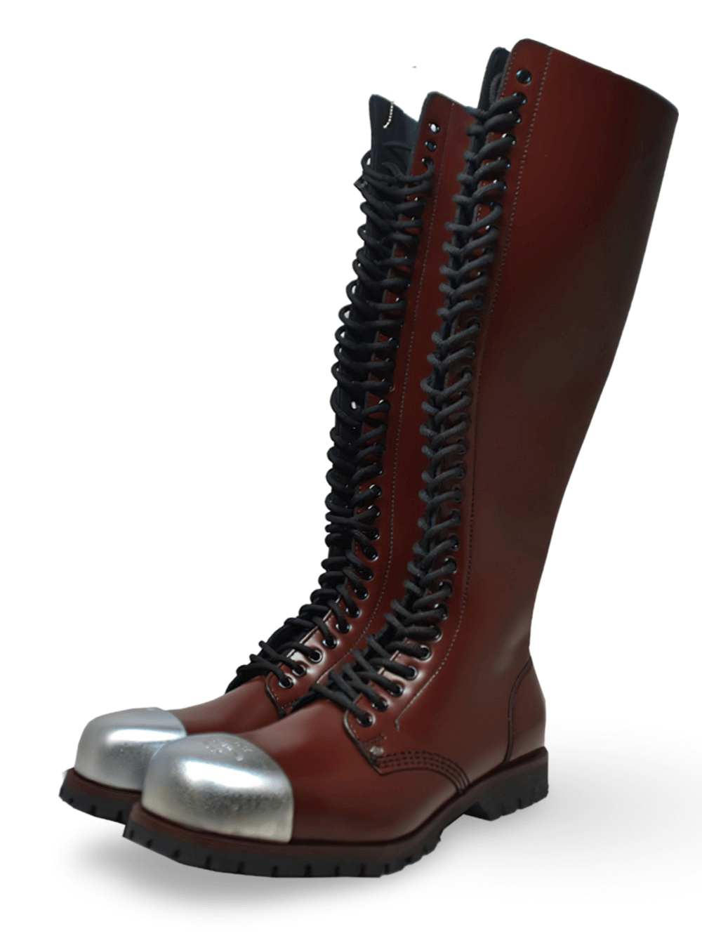 Brown-Red 30 Eyelet Steel Toe Knee High Boots with Zipper