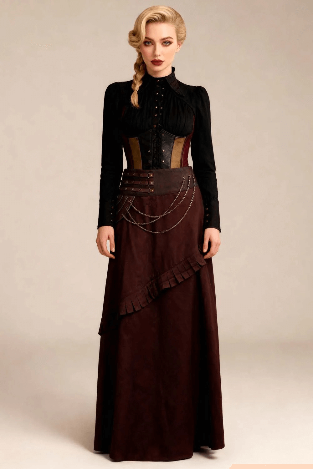 Alt Tag: Brown Steampunk A-Line Skirt with Chain and Pleat Detail on model, gothic Victorian maxi skirt with brocade waist panel and asymmetrical hem