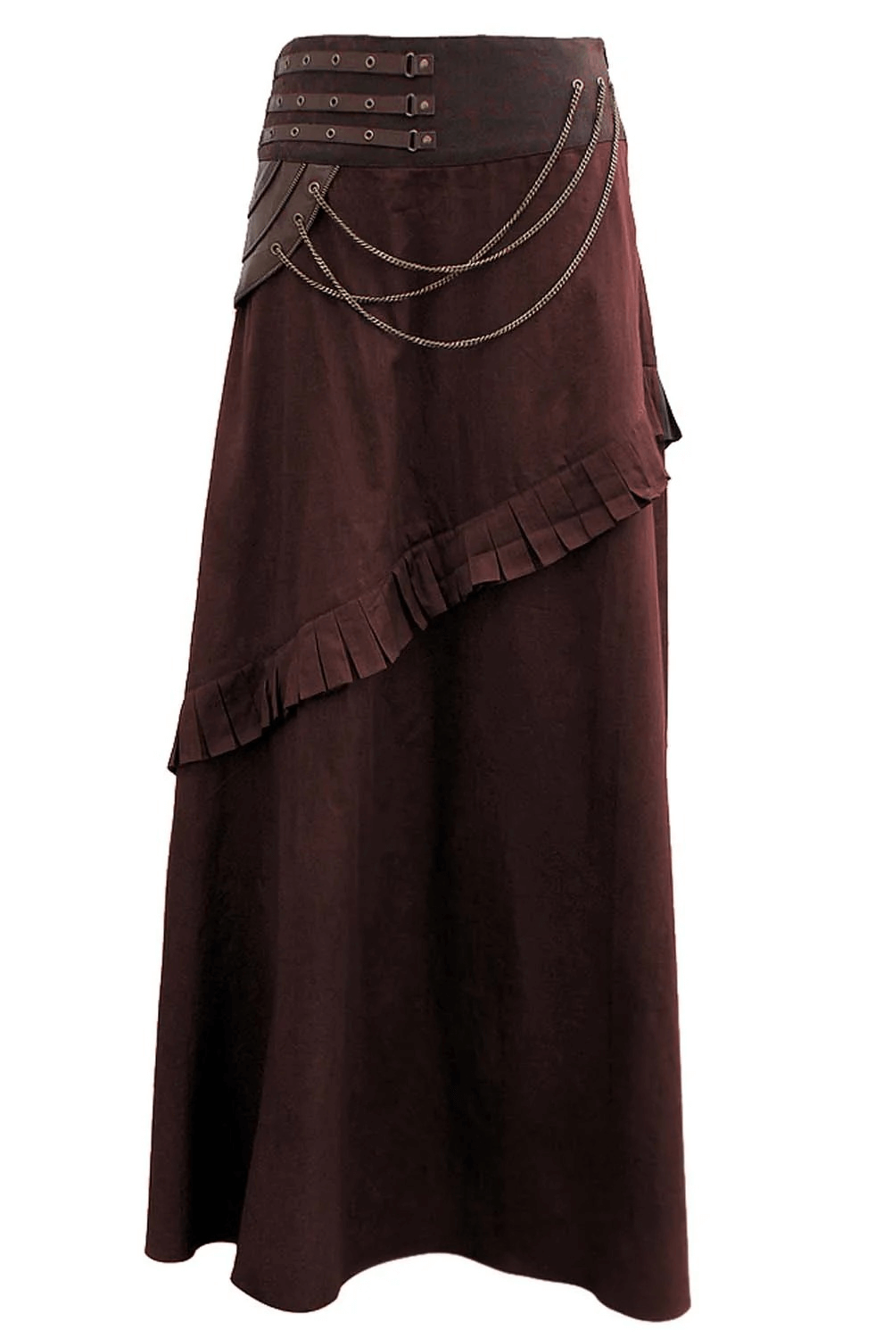 Alt Tag: Brown Steampunk A-Line Skirt with Chain and Pleat Detail, gothic Victorian maxi skirt with asym hem, pleated trim, brocade waist
