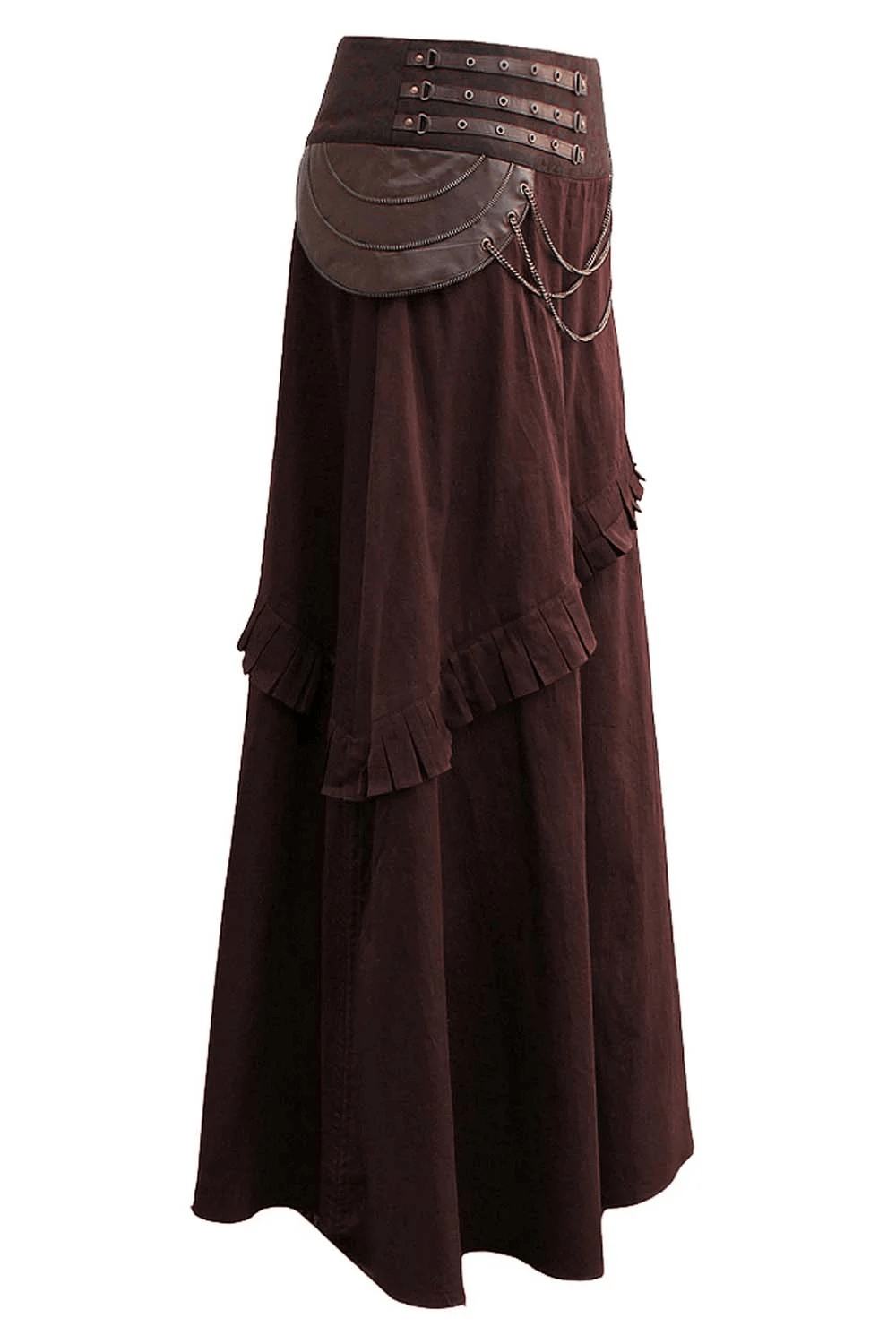 Alt Tag: Brown Steampunk A-Line Skirt with Chain and Pleat Detail gothic Victorian maxi skirt with brocade waist panel, asym hem