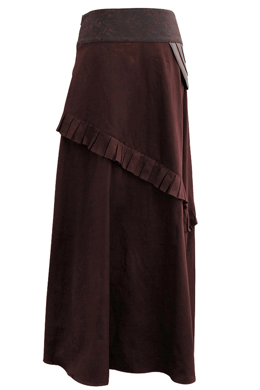 Alt Tag: Brown Steampunk A-Line Skirt with Chain and Pleat Detail, gothic Victorian maxi skirt with brocade waist panel and asymmetrical hem