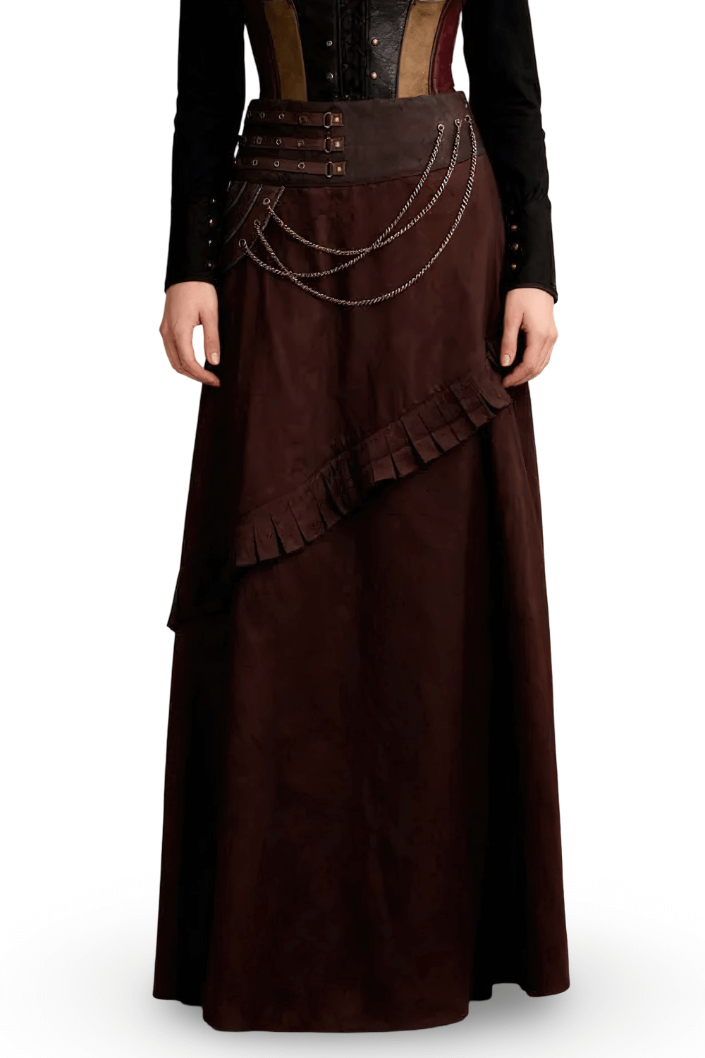 Alt Tag: Brown Steampunk A-Line Skirt with Chain and Pleat Detail, gothic Victorian maxi skirt with brocade waist panel, asymmetrical hem