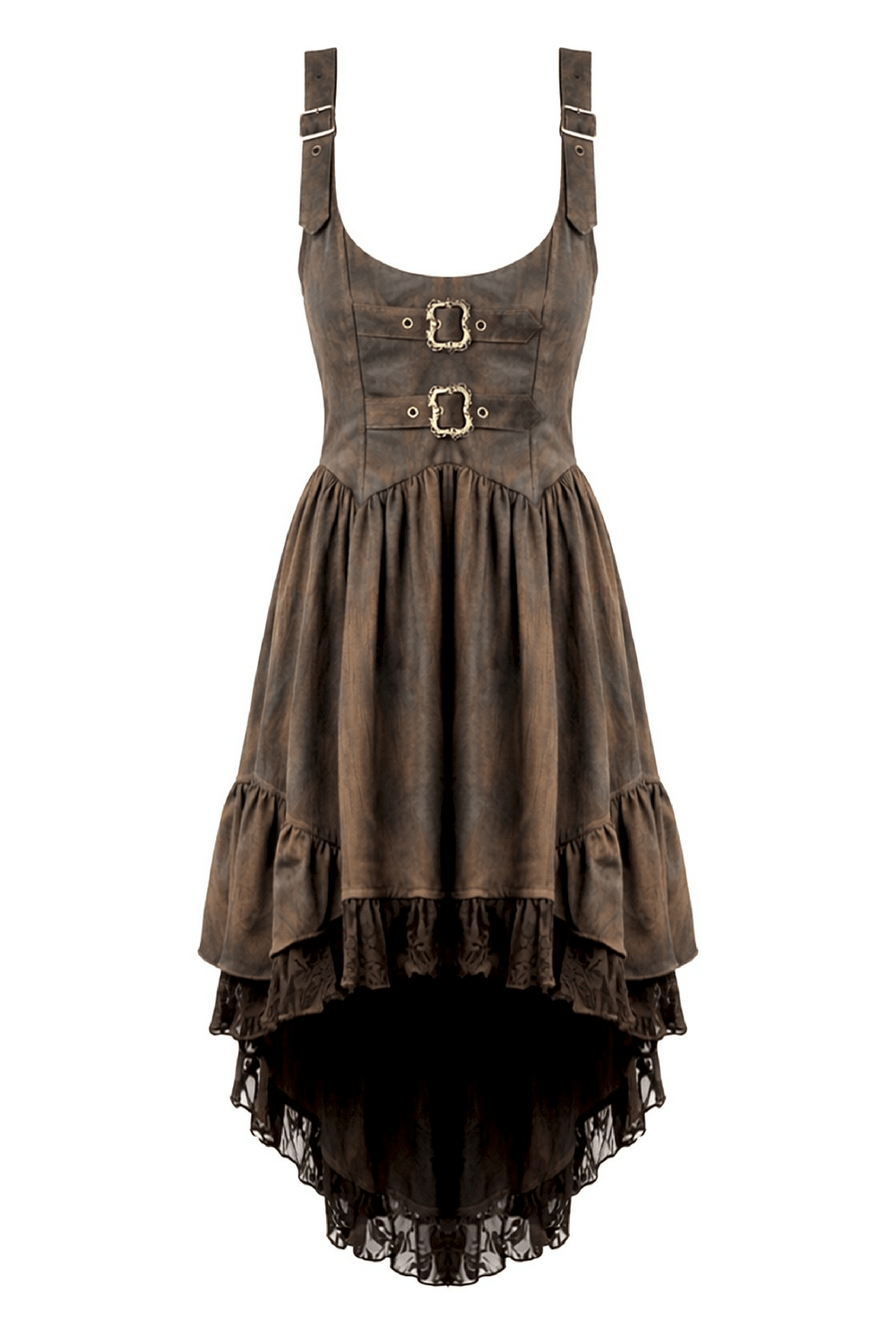 Brown Steampunk Buckle Dress with High-Low Lace Hem