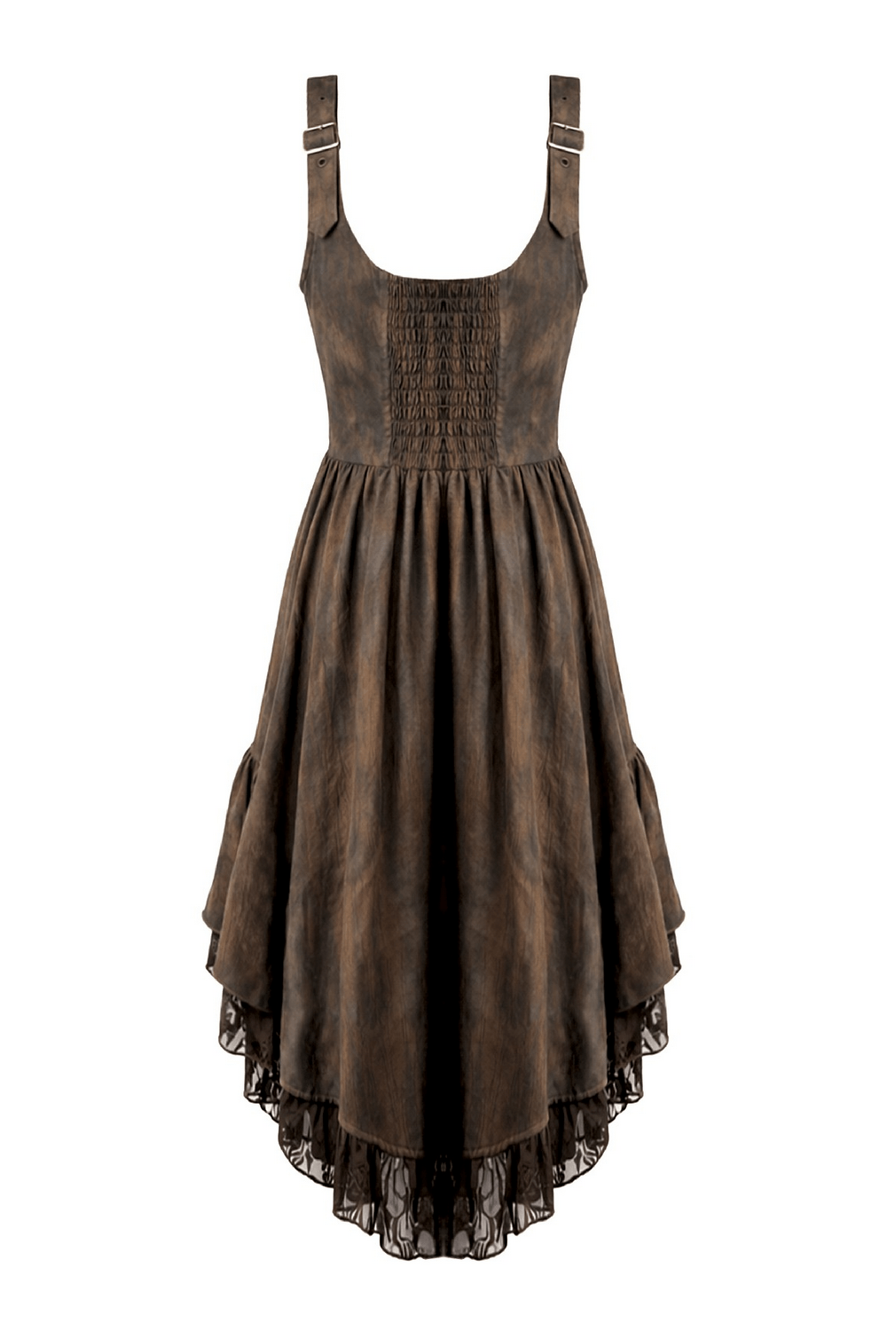 Brown Steampunk Buckle Dress with High-Low Lace Hem