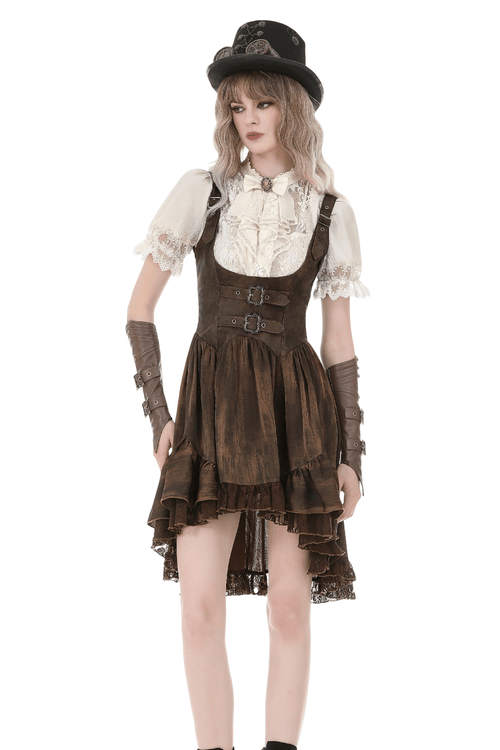 Brown Steampunk Buckle Dress with High-Low Lace Hem