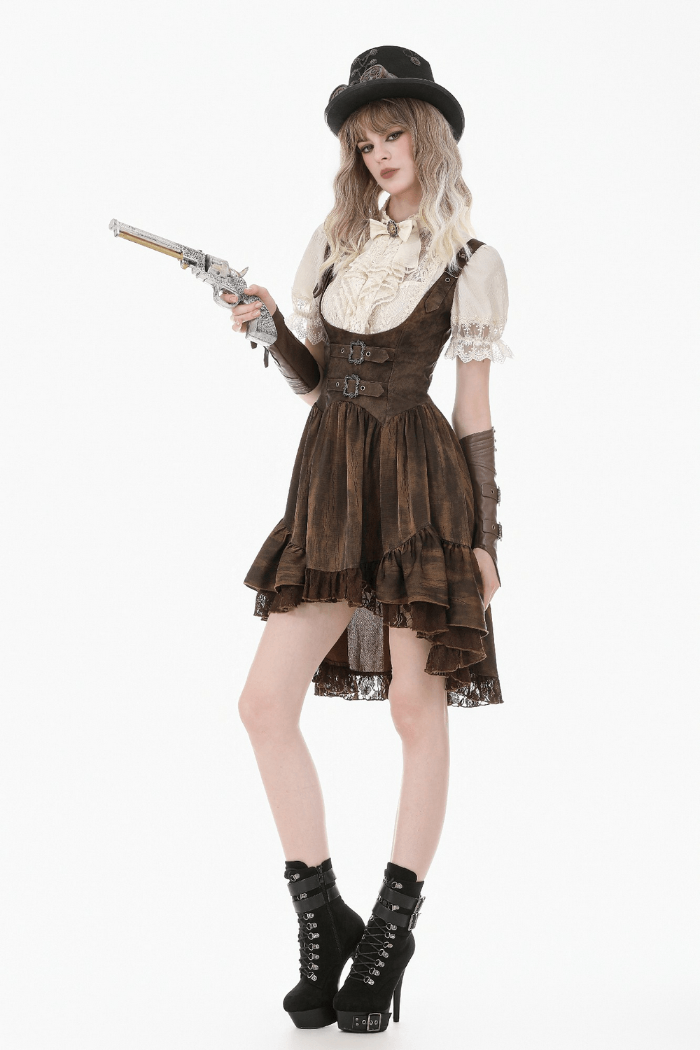 Brown Steampunk Buckle Dress with High-Low Lace Hem