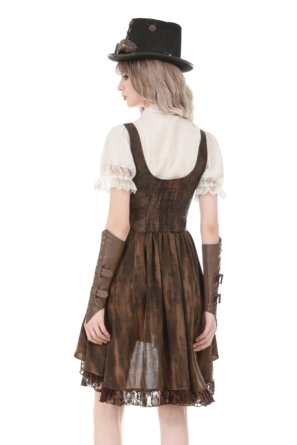 Brown Steampunk Buckle Dress with High-Low Lace Hem