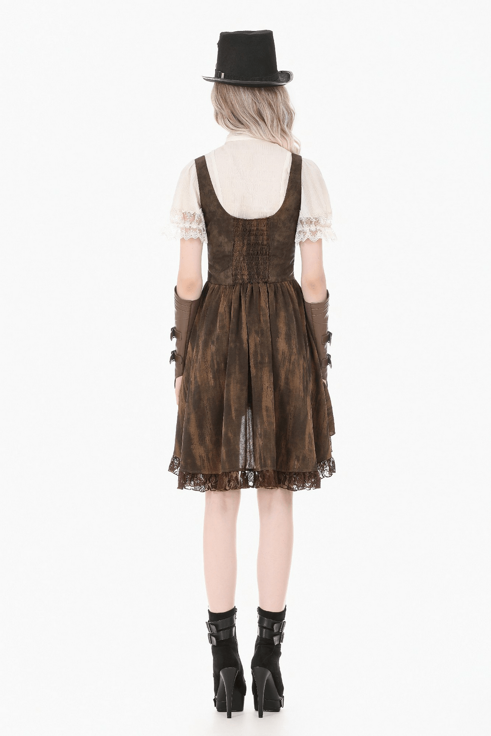 Brown Steampunk Buckle Dress with High-Low Lace Hem