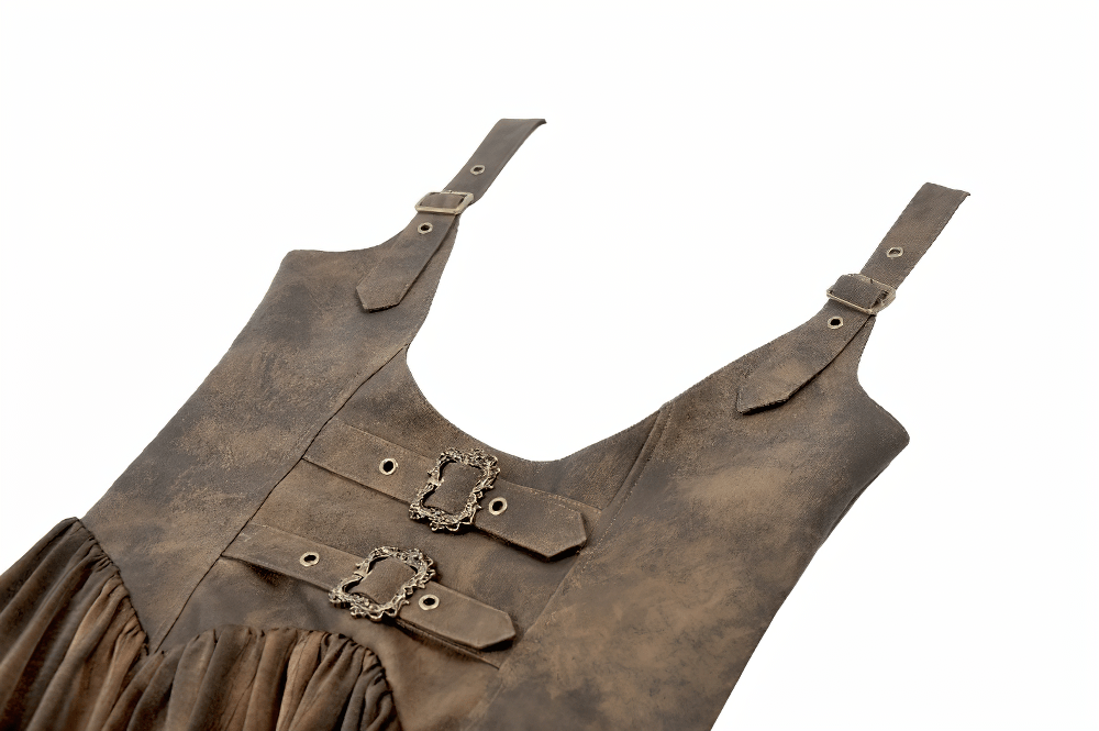 Brown Steampunk Buckle Dress with High-Low Lace Hem