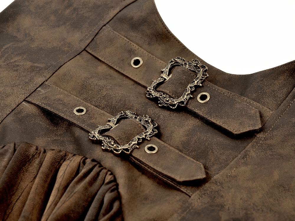 Brown Steampunk Buckle Dress with High-Low Lace Hem