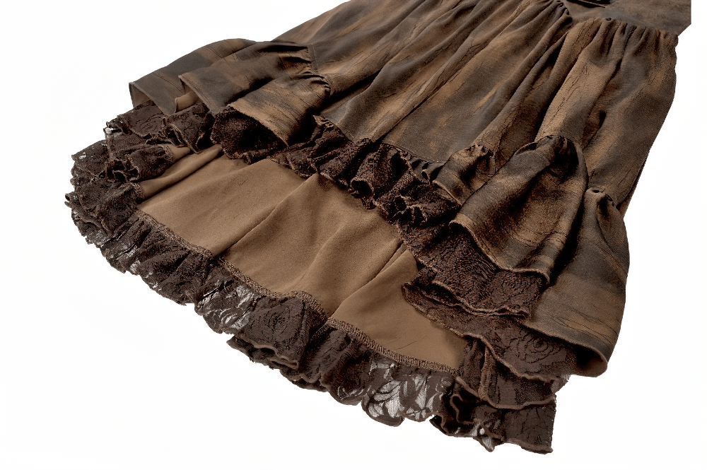 Brown Steampunk Buckle Dress with High-Low Lace Hem