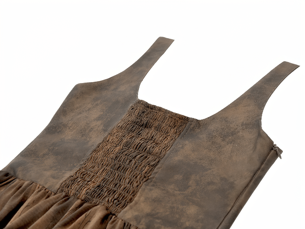 Brown Steampunk Buckle Dress with High-Low Lace Hem