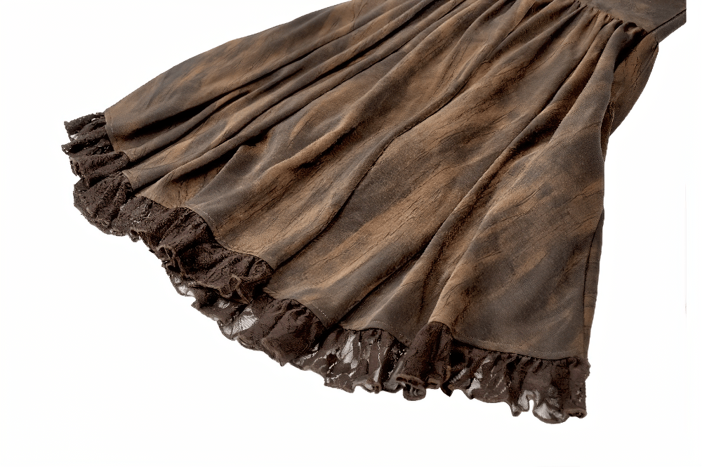 Brown Steampunk Buckle Dress with High-Low Lace Hem