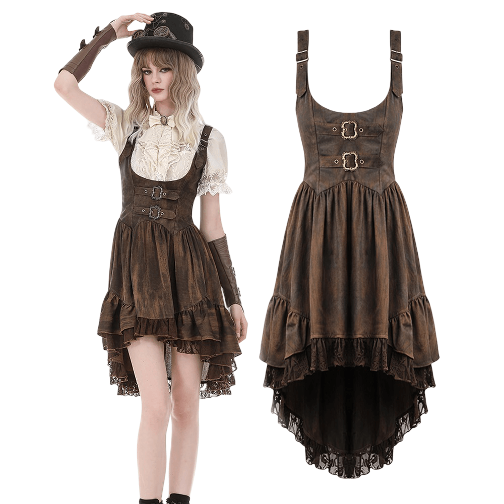 Brown Steampunk Buckle Dress with High-Low Lace Hem