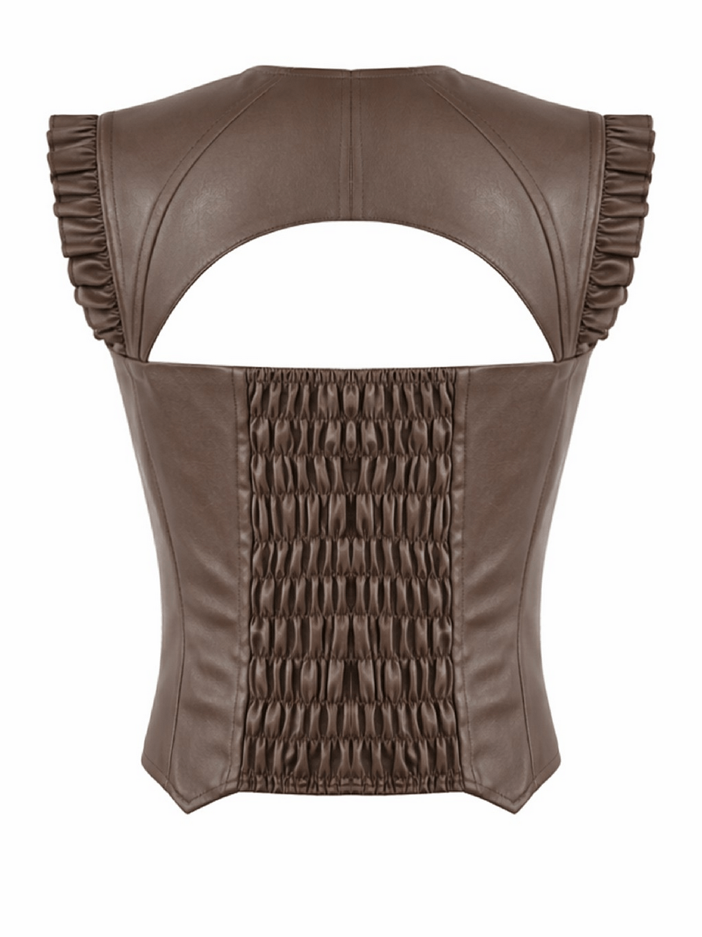 Brown Steampunk Buckle Lace Up Corset Top for Women - back view showcasing faux leather and ruffled cap sleeves.