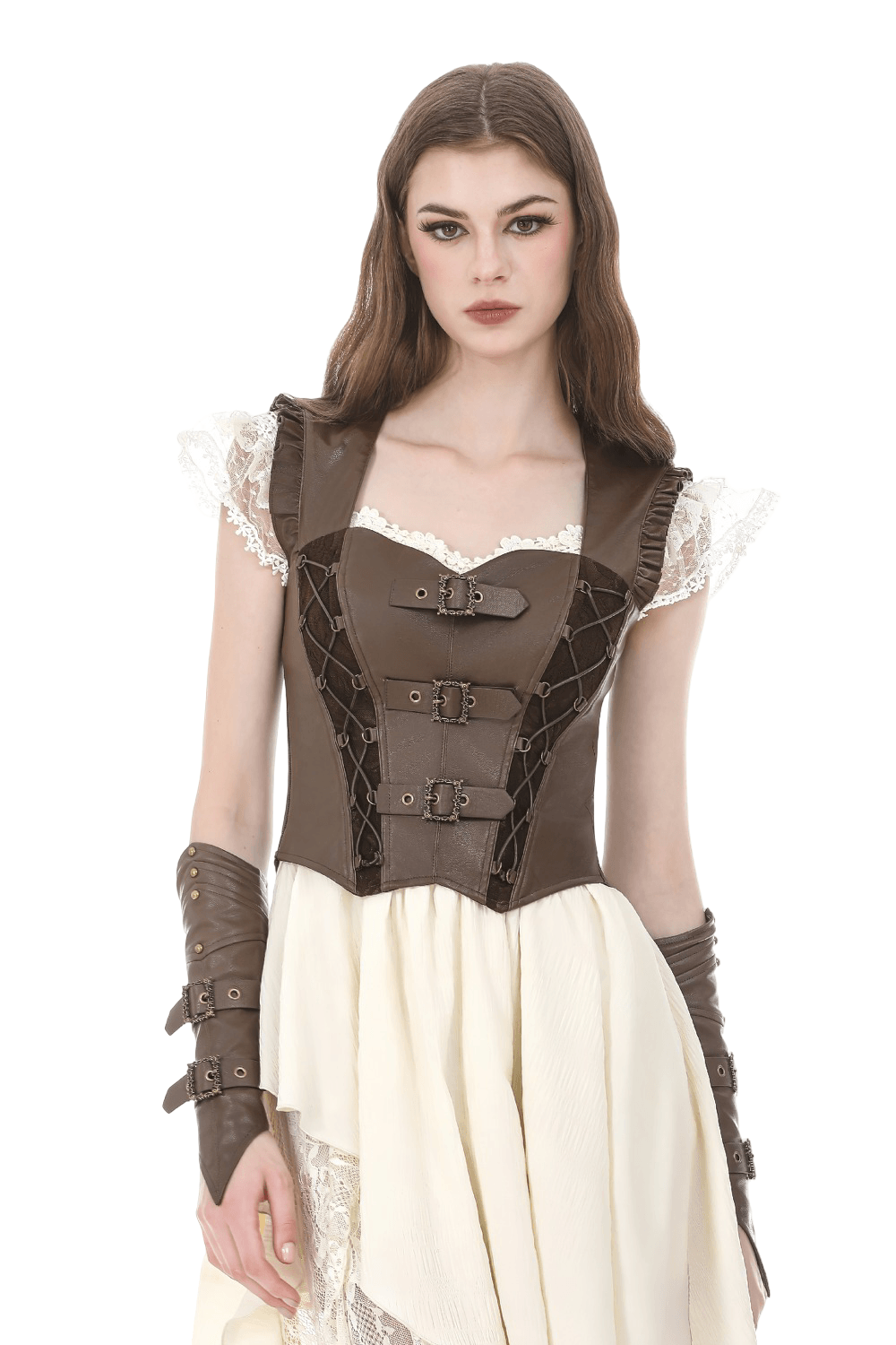Brown Steampunk Buckle Lace Up Corset Top for Women modeled with ornate details and vintage-inspired design.