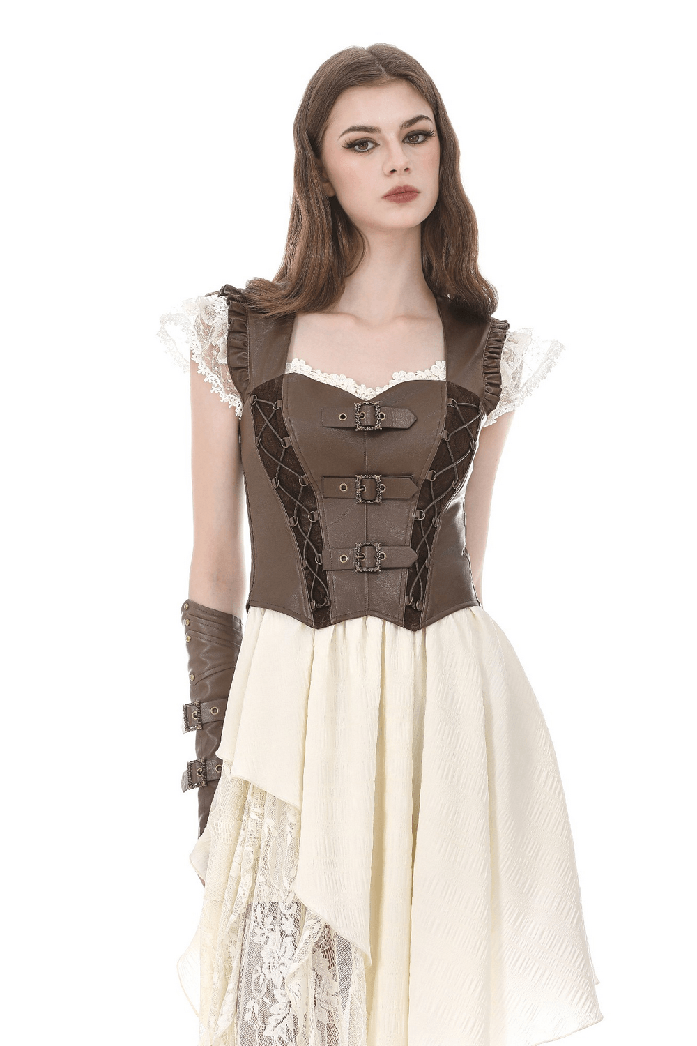 Brown Steampunk Buckle Lace Up Corset Top for Women showcased with ruffled sleeves and intricate buckle detailing.