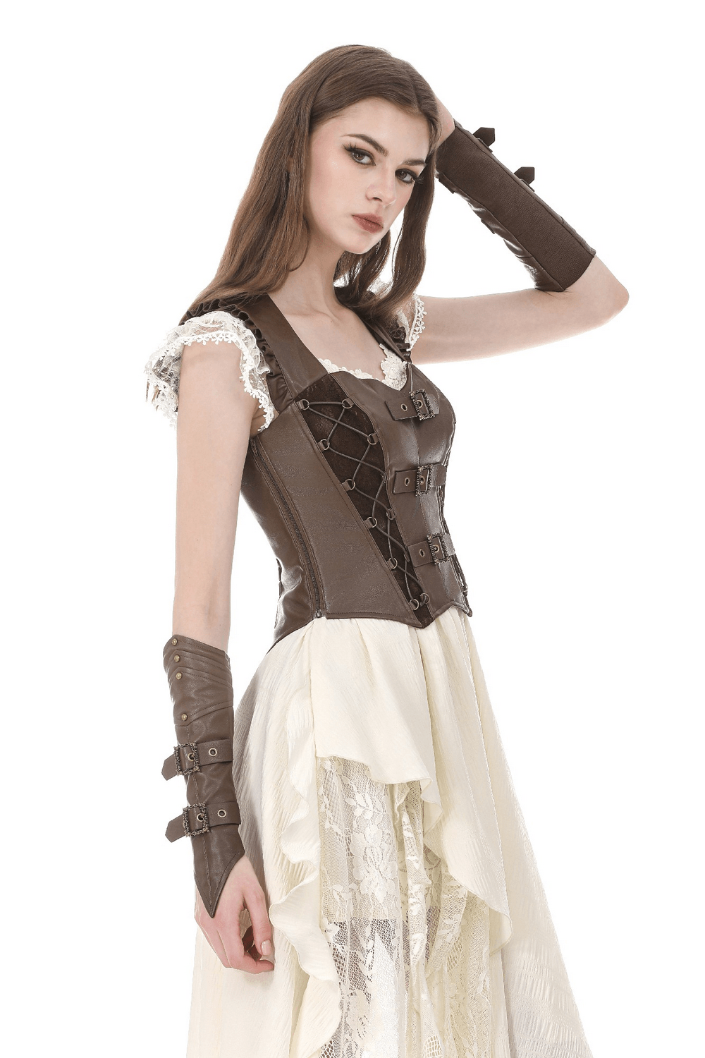 Brown Steampunk Buckle Lace Up Corset Top for Women, featuring ornate details and a vintage-inspired design.