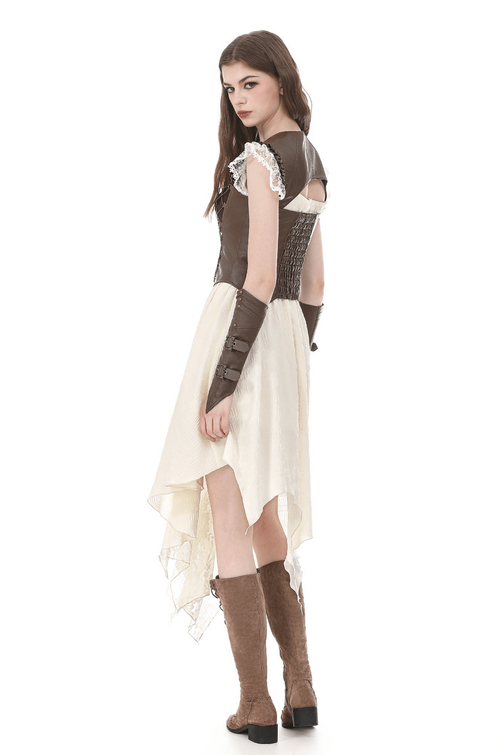 Brown Steampunk Buckle Lace Up Corset Top for Women worn with a flowing skirt, showcasing vintage-inspired style.