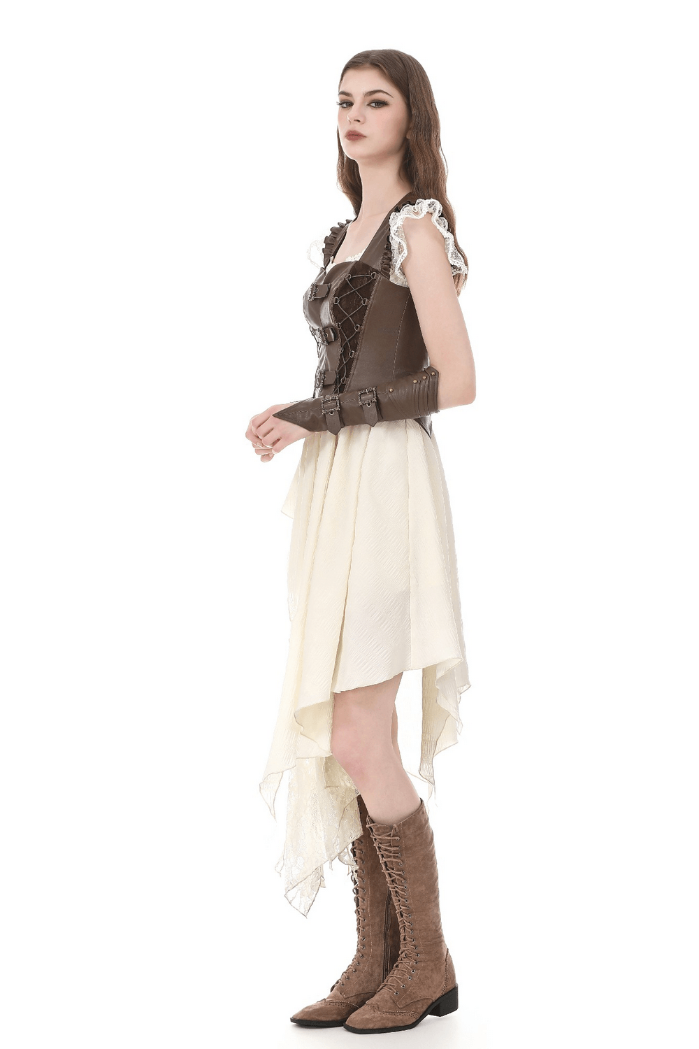 Brown Steampunk Buckle Lace Up Corset Top for Women styled with a whimsical ruffled dress and chic boots.