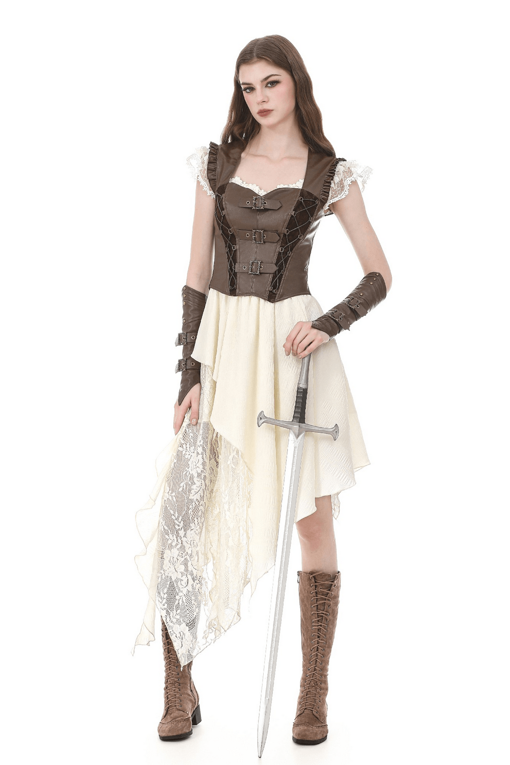 Brown Steampunk Buckle Lace Up Corset Top for Women styled with a lace skirt and sword, perfect for dramatic costumes.