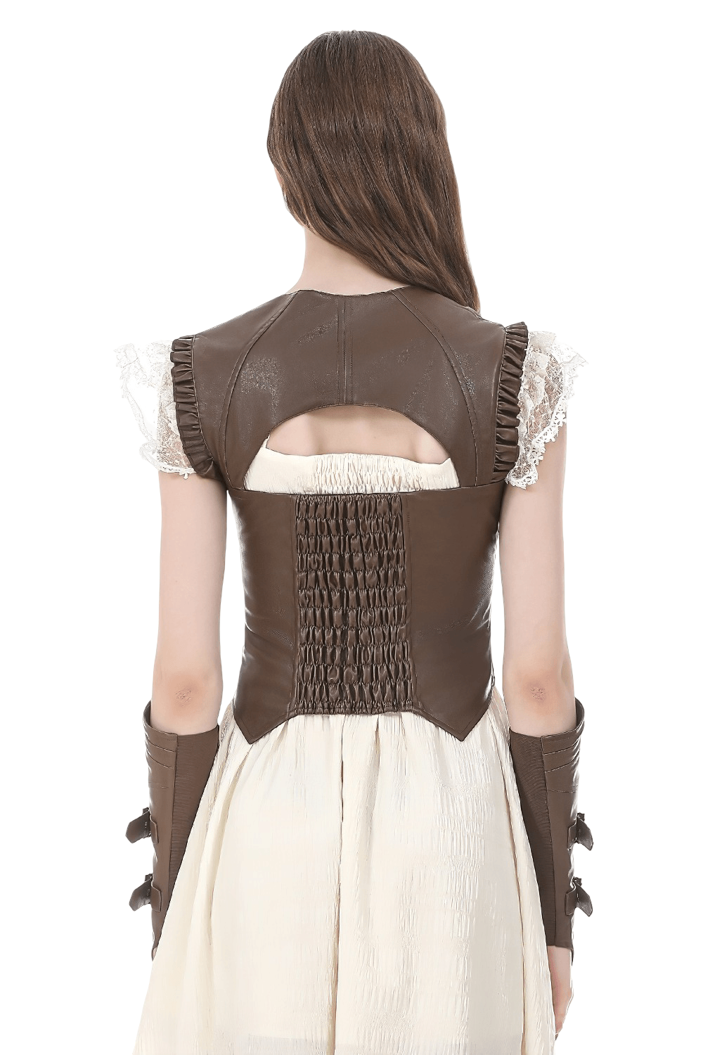 Back view of Brown Steampunk Buckle Lace Up Corset Top for Women showcasing ruffled sleeves and shirred detailing.