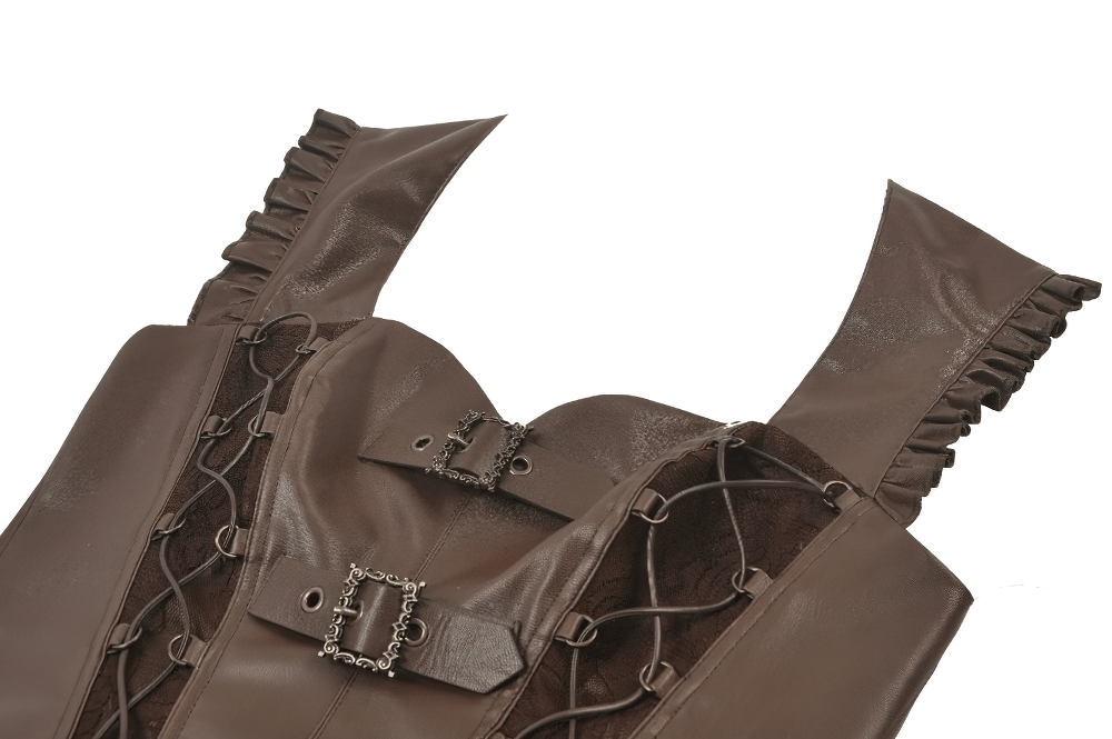 Brown Steampunk Buckle Lace Up Corset Top for Women highlighting buckle details and lace-up design.
