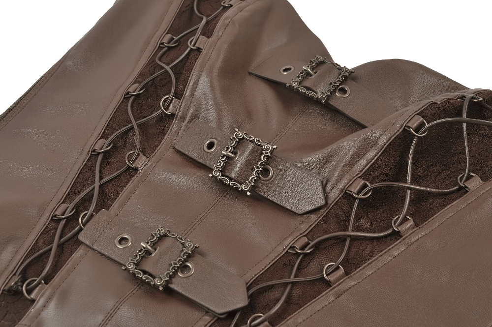 Brown Steampunk Buckle Lace Up Corset Top for Women showing intricate buckle straps and lace-up details.